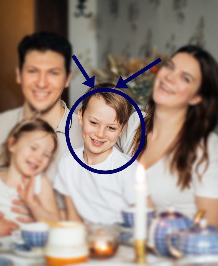 Ein Foto einer Familie, Eltern und zwei Kinder. Ein Junge ist umkreist und je ein Pfeil zeigt von der Mutter und dem Vater auf den Jungen in der Mitte.
