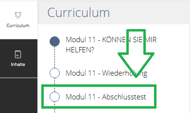 Screenshot davon, wie man über das Curriculum zum Abschlusstest gelangt.