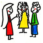 Ein Mädchen, welches zwei weitere Personen anspricht.