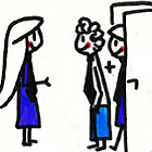 Eine Frau, die mehrere andere Personen, die sie nicht so gut kennt, anspricht.