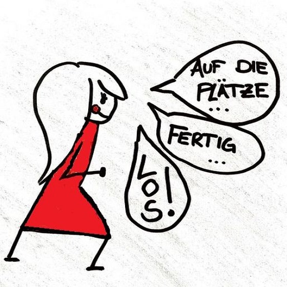 Ein gezeichnetes Bild eines Mädchens, welches "Auf die Plätze, Fertig, Los!" sagt. 