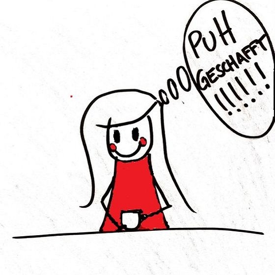 Ein gezeichnetes Bild eines Mädchens, welches sich denkt „Puh, geschafft!“.