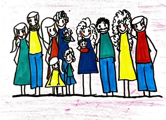 Ein gezeichnetes Bild einer Familie. Es werden zwölf Personen gezeigt, davon zwei kleine Kinder, zwei Babys, zwei ältere Personen und sechs mittelalte Menschen.