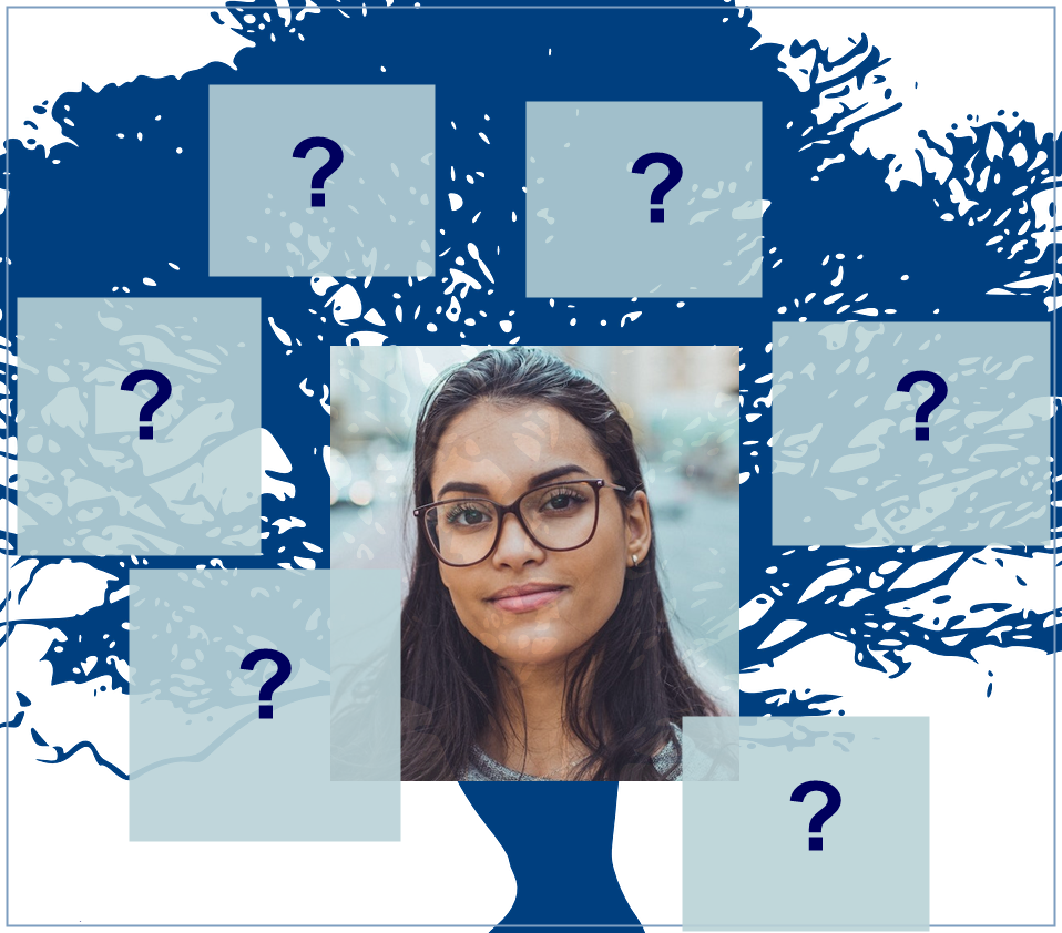 Im Hintergrund ist ein Baum zu sehen. Vor dem Baum, in der Mitte des Baums, ist ein Foto einer Frau namens Daniela. Um sie herum sind sechs graue Felder mit Fragezeichen, die andere Personen von Daniels Familie darstellen sollen.